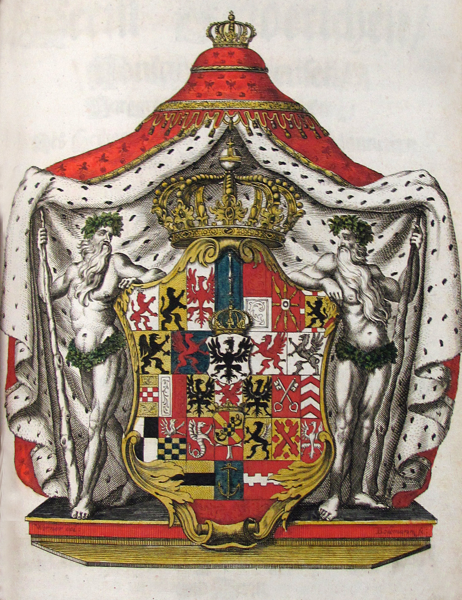 (Siebmacher, Johann), Erneuert- und Vermehrtes Wappenbuch, in welcher aller hohen Potentaten der Römischen Kaysere, Könige, des Heil. Römischen Reichs Chur-fürsten… Wappen, Schilde, Helmen, Kleinodien… in schönen Kupfern vorgebildet. Auf das Neue verfertiget und zum Druck befördert.