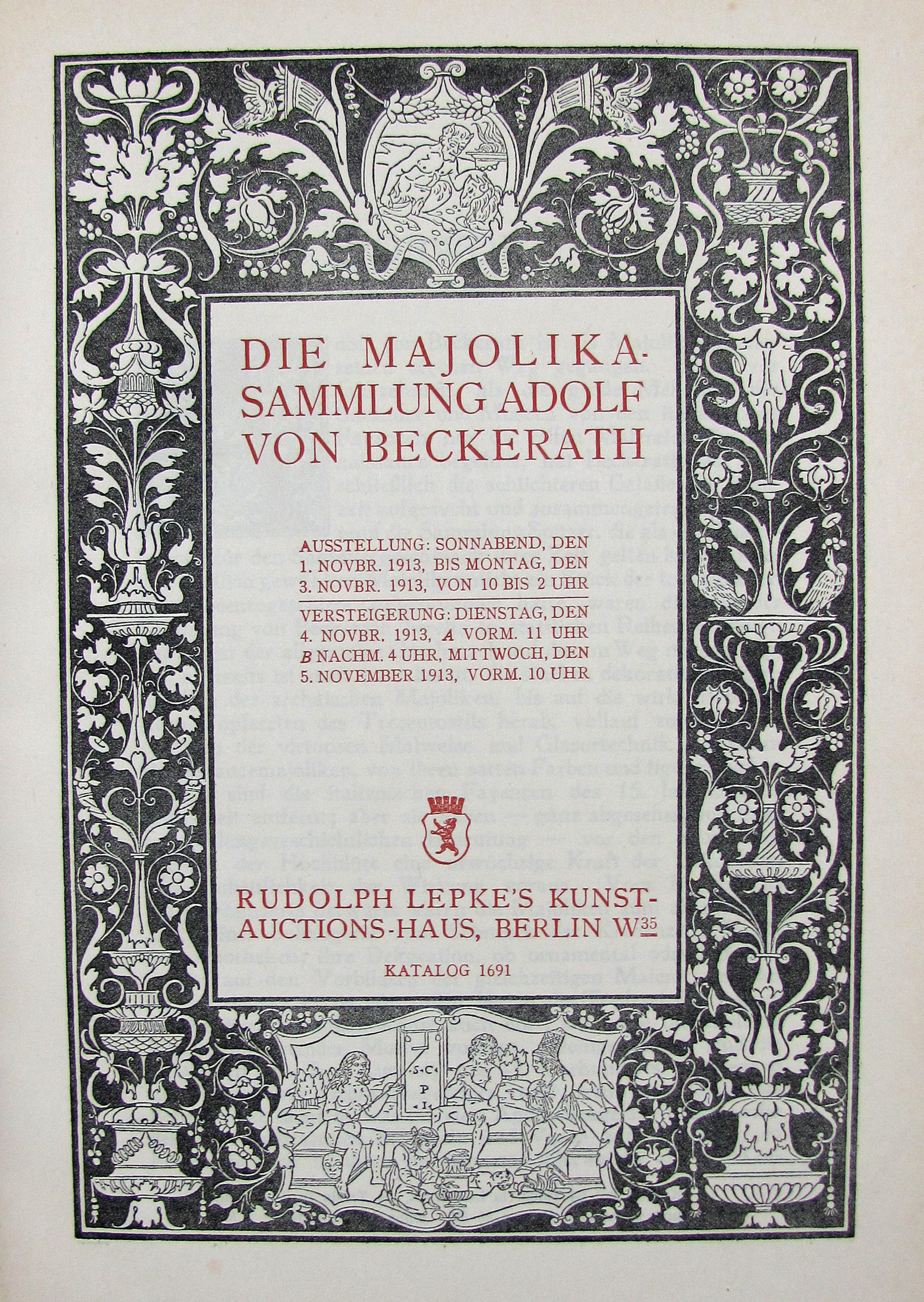 Anonym Die Majolika-Sammlung Adolf von Beckerath. Auktionskatalog Nr. 1691 Rudolph Lepke’s Kunst-Auctions-Haus, Berlin. Vorwort von Otto Falke.