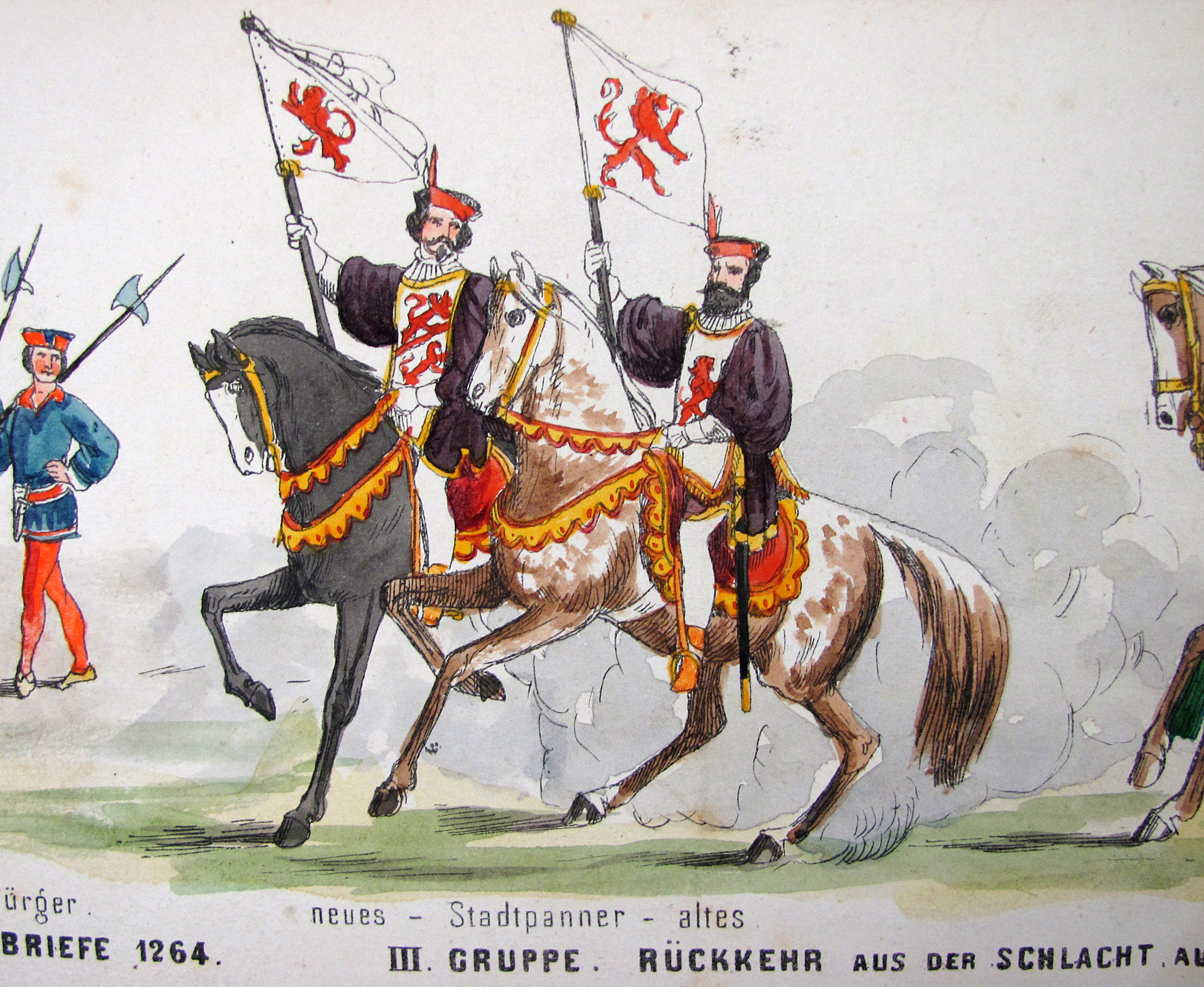Jenny, Heinrich, Historischer Festzug in Winterthur den 22. Juni 1864. Erinnerungsfeier des 22. Juni 1264. Arrangiert und gezeichnet von Heinrich Jenny. Lithographiertes und handkoloriertes Leporello aus 8 Segmenten, ausgefaltet 11,5 x 433 cm.
