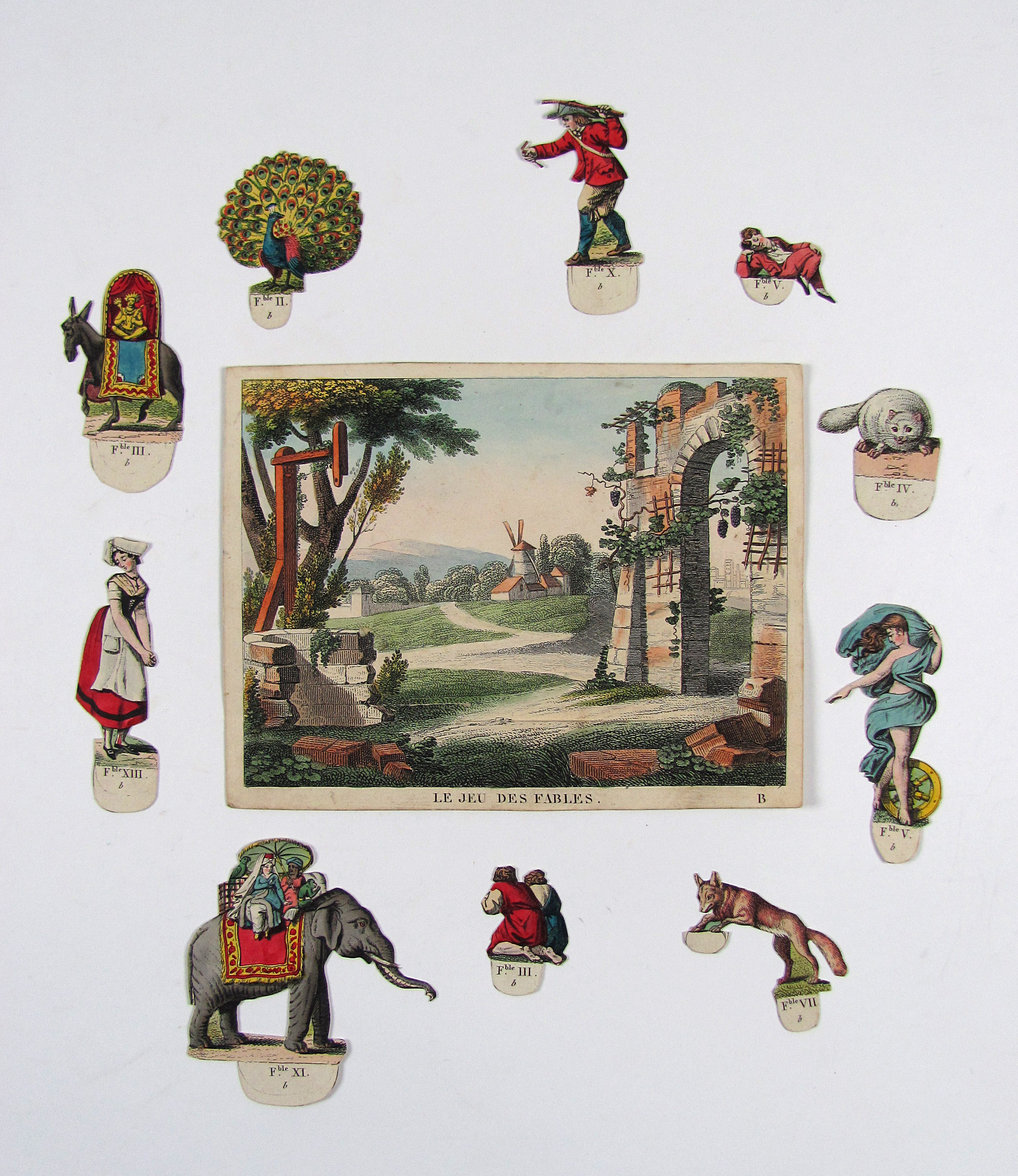 Lambert, Aîné, Le Jeu des Fables, ou, fables de La Fontaine, mises en action, avec figures coloriées et decoupées, dessinées et gravées. Hübsches Papierspielzeug zum Nachstellen der Fabelszenen mit verschiedenen Figuren.